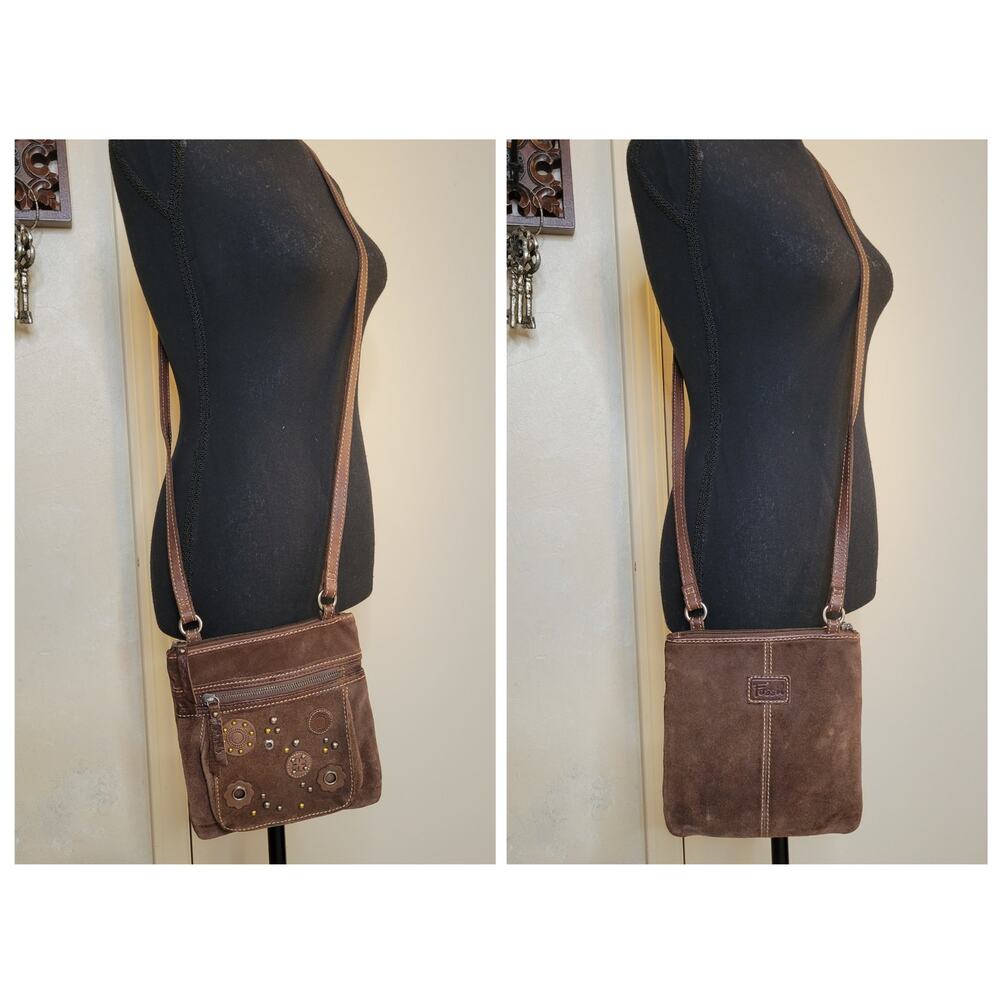 Fossil Brown Leather Suede Crossbody Bag Floral Stud Grommet Applique Full Zip - Picture 2 of 15